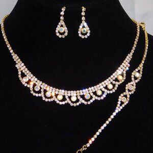3PC Gold Rhinestone Necklace, Earrings and Bracelet Set for Girls & Women